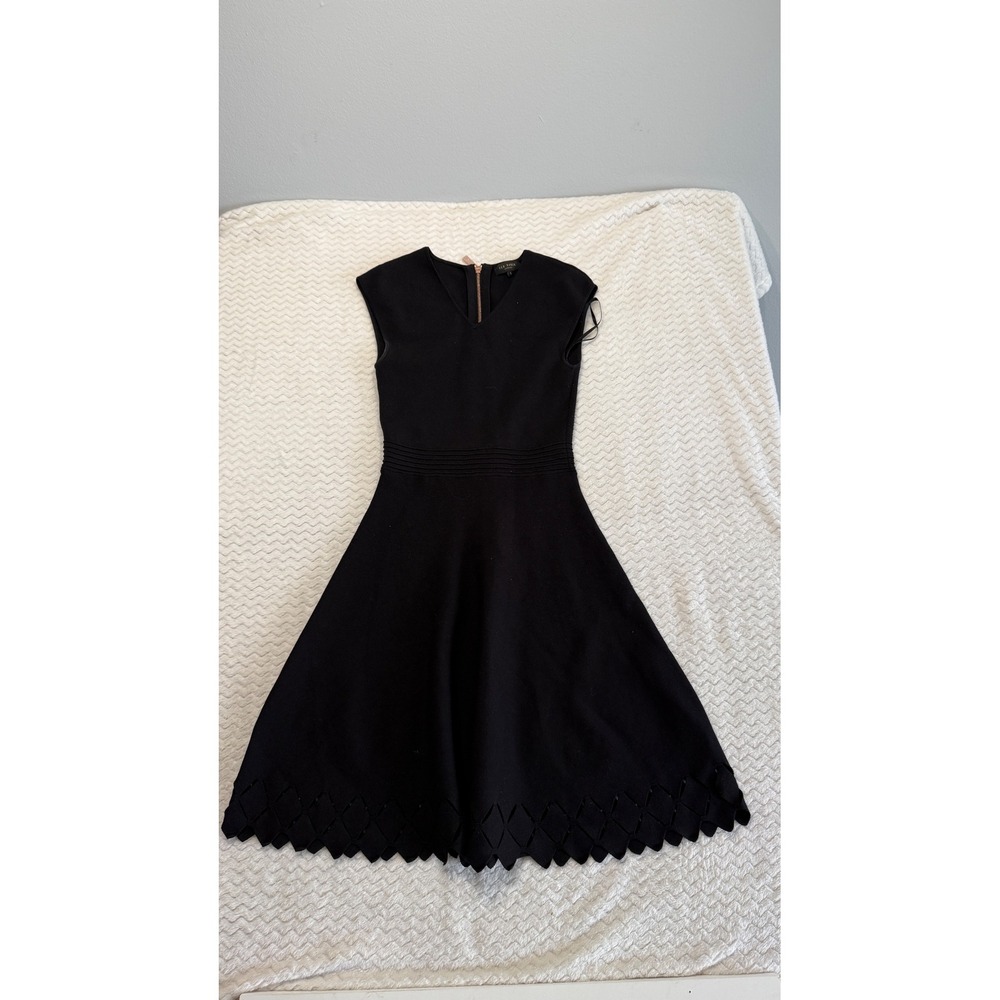 Ted Baker London Black Fit and Flare Dress Scalloped Laser Cut Hem Size 1
